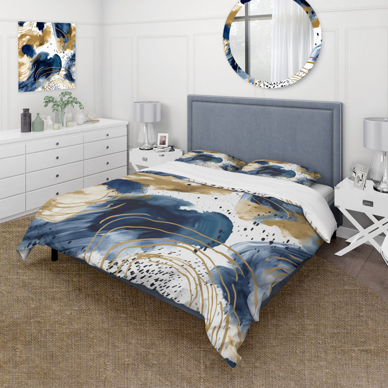 Ensemble de housse de couette à motifs abstraits avec textures bleues et dorées II - Collages abstraits
