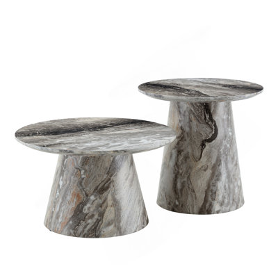 Nested coffee table, medieval-modern style coffee table, featuring grey veneer, classic round coffee table and side table set, simple living room, off