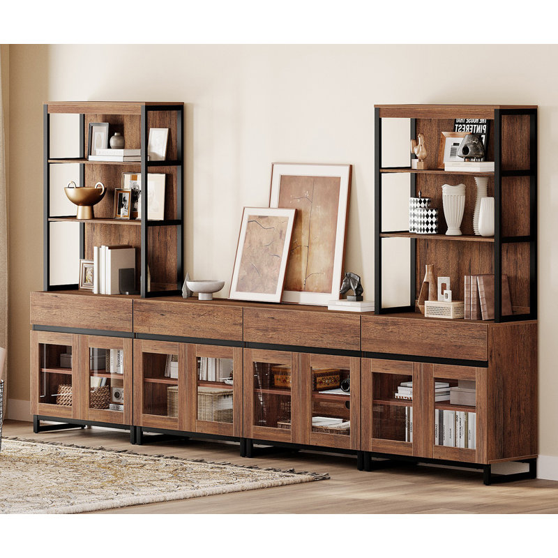 Modern TV Stand With 3 Tiers Bookshelf, Farmhouse Entertainment Center With 4 Drawers And Adjustable Shelf, Wooden Media TV Console With Glass Doors For Living Room