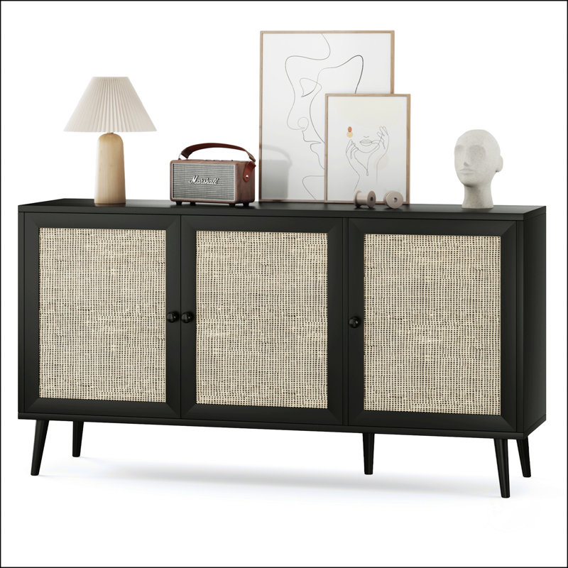 Rattan Sideboard Buffet Cabinet With 3 Doors, Large Storage For Modern Kitchen And Entryway, 31.1" H x 59.1" W x 15.4" D