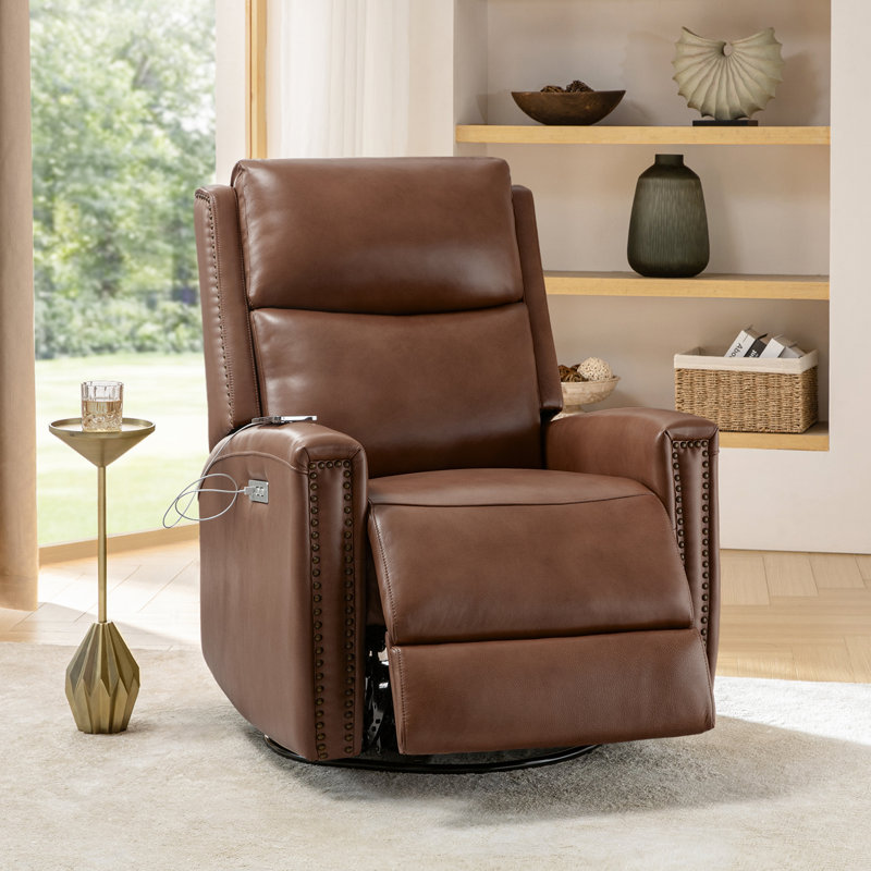 Fauteuil inclinable électrique pivotant en cuir véritable 30,25 po avec ports USB Patchogue, Brun