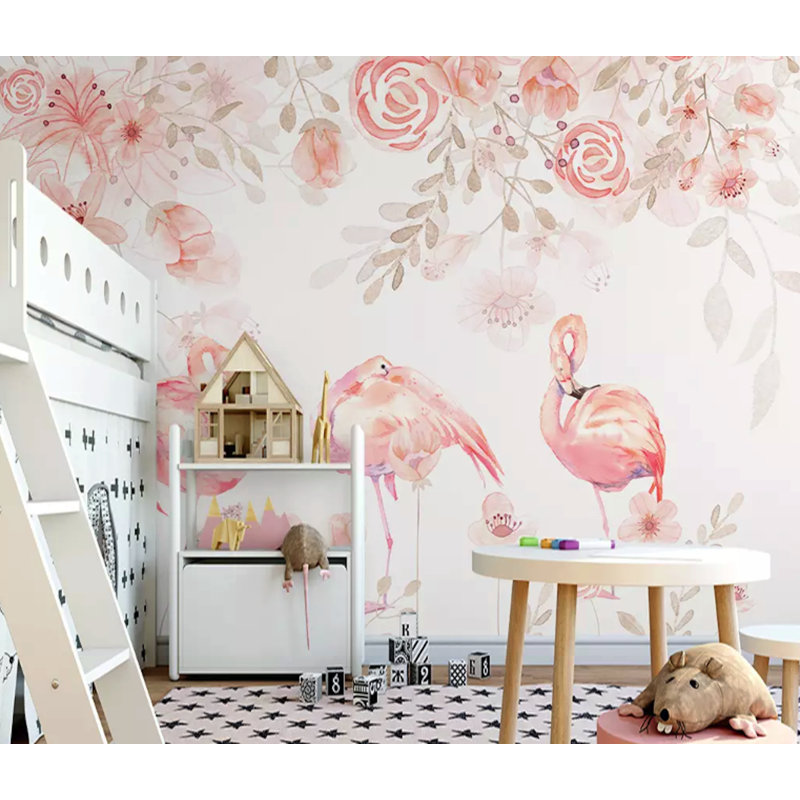 Papier peint amovible floral rose flamant rose et jardin de roses, L 9 po x l 15 po