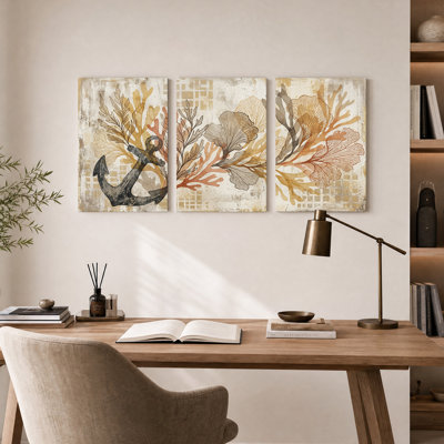 Ensemble de 3 toiles murales vintage représentant une ancre sombre et des algues