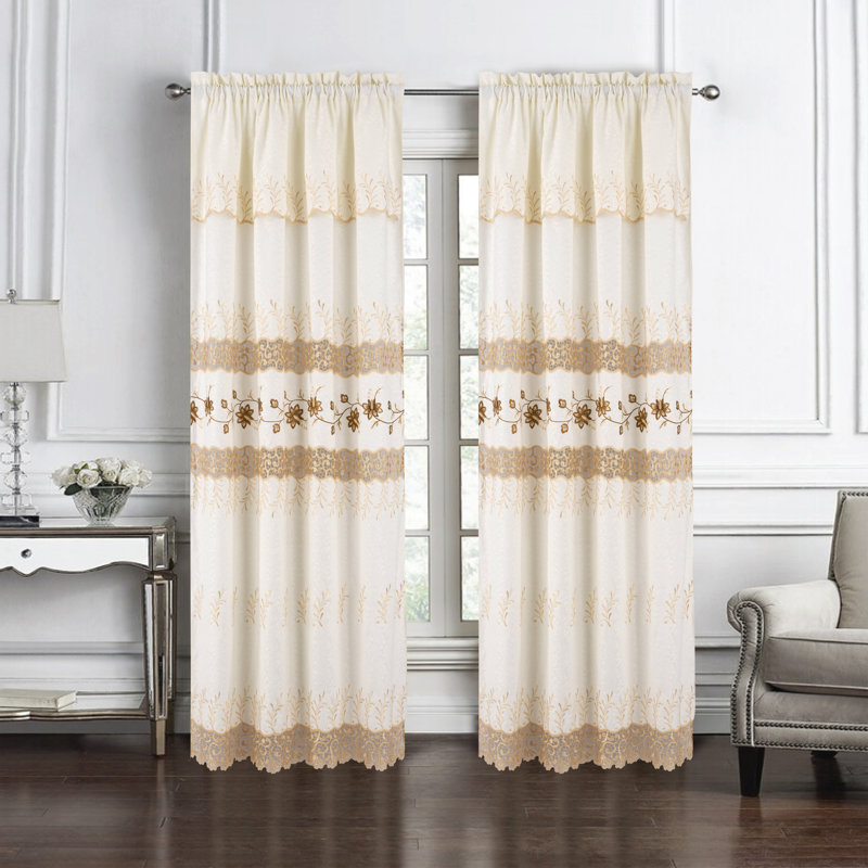 Bryant Embroidered Macrame Rod Pocket Window Curtain, Beige