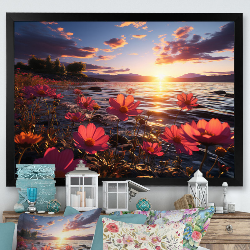 Coucher de soleil sur le champ de fleurs sauvages, H 34 po x l 44 po x P 1,5 po, Cadre simple noir