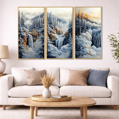 Winter Waterfall Forest Trail - Blue Waterfall, ensemble de 3 reproductions sur toile encadrées