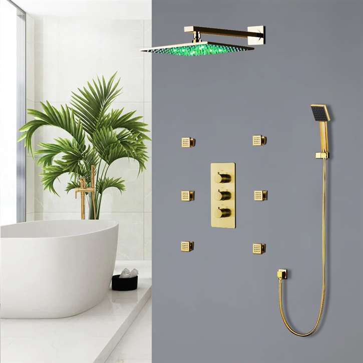 Trialo Solid Brass Color Changing LED Rain Shower Head with Adjustable Jets