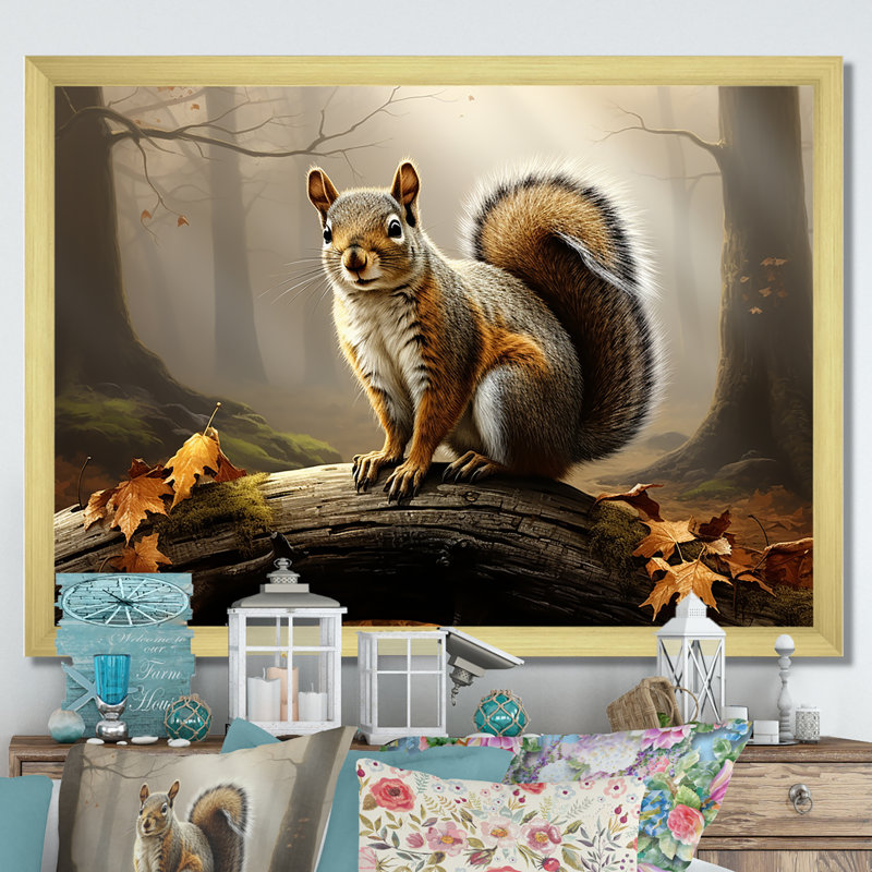 Photo d'un écureuil en automne - art mural animal écureuil, Cadre doré à coins fermés, H 16 po x l 32 po x P 1 po