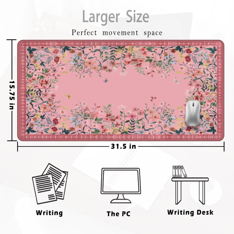 Grand tapis de souris à motif floral rose vif avec tapis de souris 35,54 x 15,7 pouces