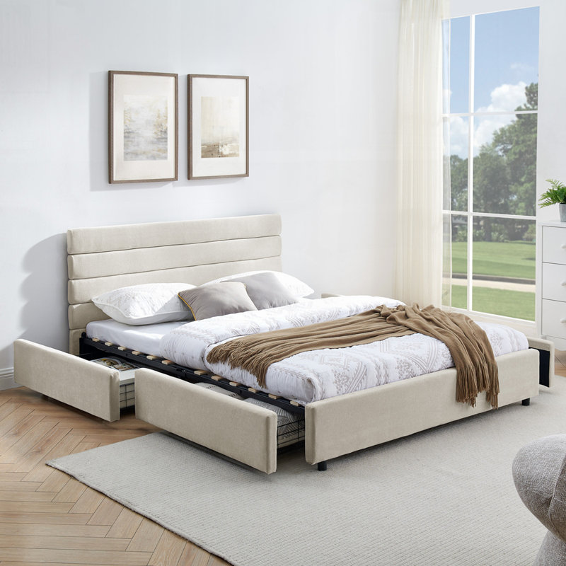 Queen Size Cushioned Bed, Comfortable Cushioned Bed Frame, Headboard And Solid Bed Frame  (85 "X 66" X 36 "), Beige