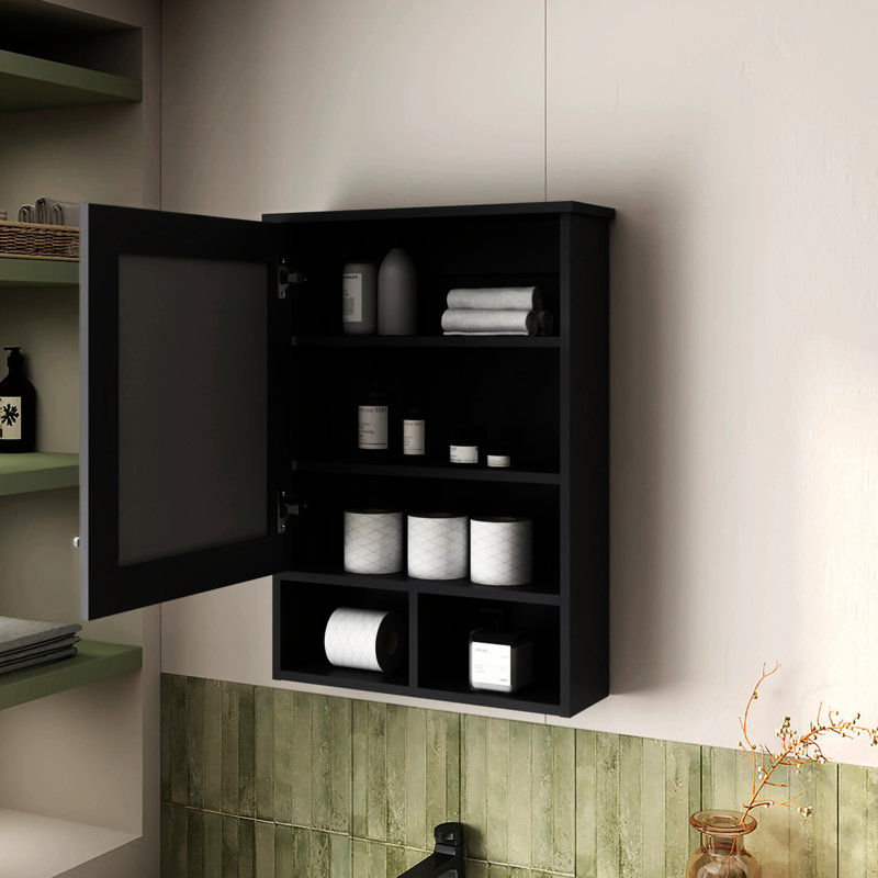 Black Medicine Cabinet With Mirror - Keep Medications & Essentials In , 29" H X 20.9" W 6.6" D, 5+ Shelves, Contemporary Bathroom For Door Store And Beauty Products