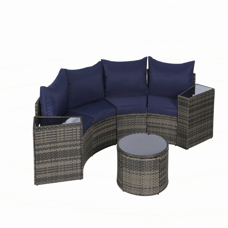 Outdoor Patio Furniture 7-Piece Half-Moon Sectional Round Patio Furniture Set Sofa with Tempered Glass Round Coffee Table