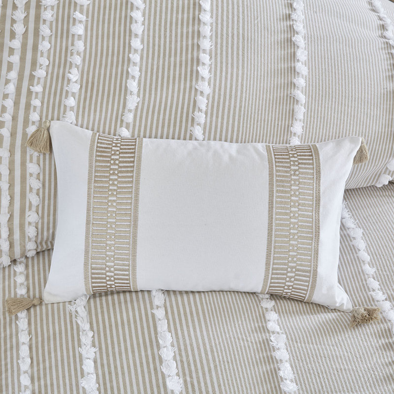 Taupe Embroidered Cotton Oblong Pillow with Tassels