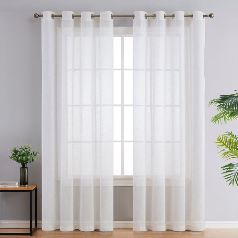 Linen Semi-Sheer Grommet Curtain Panels, 54" W x 96" L, White/Tan