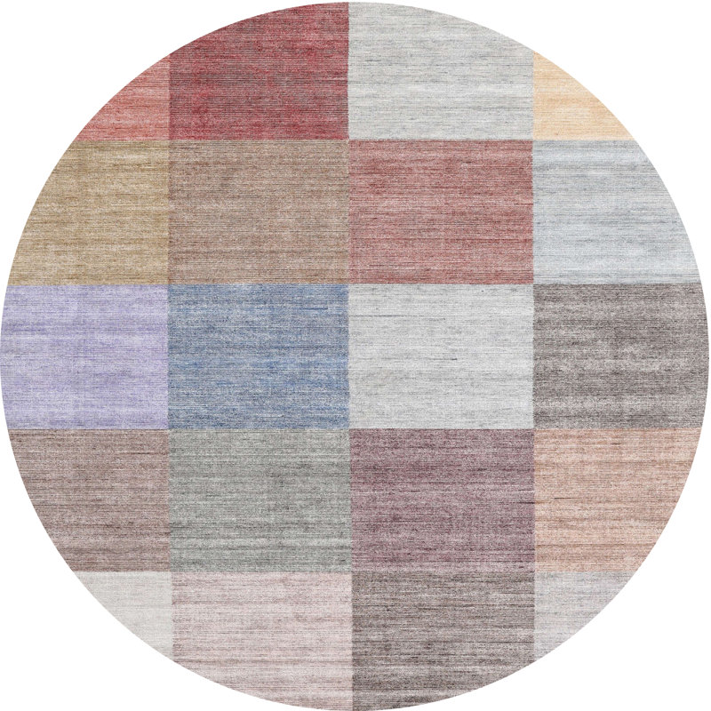 Tapis gris/rose/rouge contemporain, Rond 7 pi