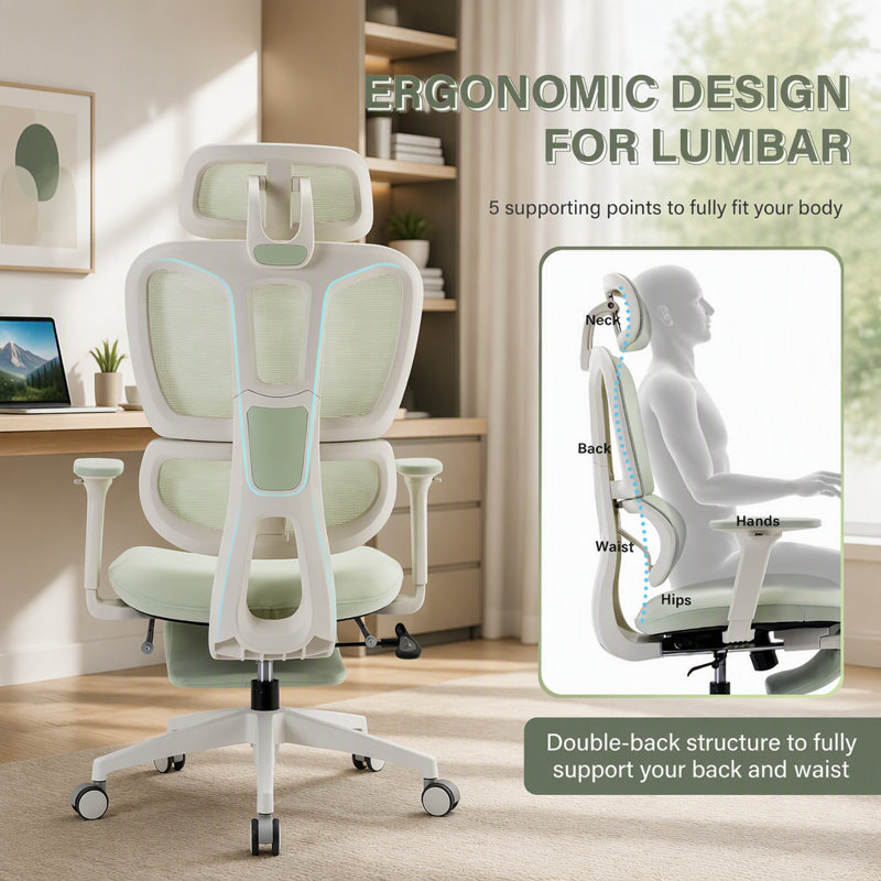 Chaise de bureau ergonomique avec repose-pieds, Mesh, Green, White