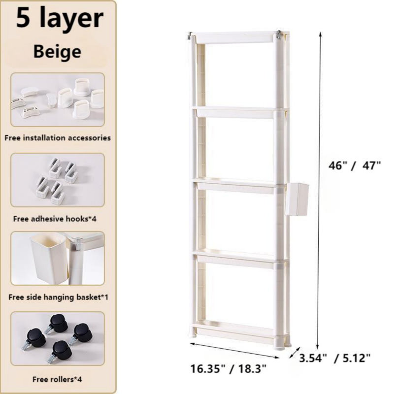 5-Tier Narrow Plastic Storage Shelf With Scroll Wheel, 46" H x 16.35" W x 3.54" D