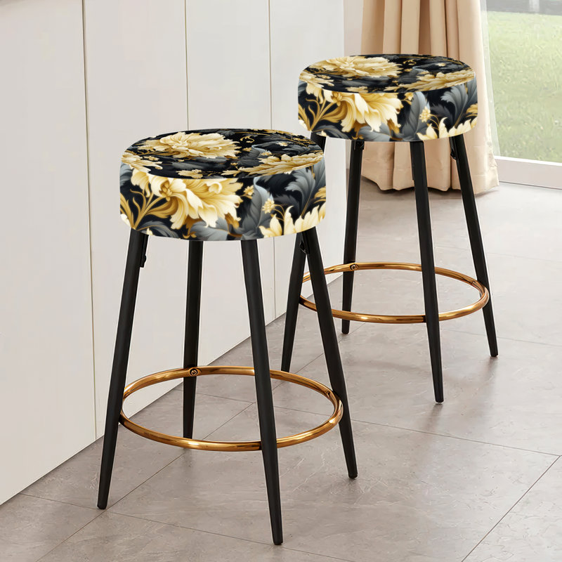 Luxueux ensemble de 2 tabourets de bar damassés à motif de fleurs noires et beiges