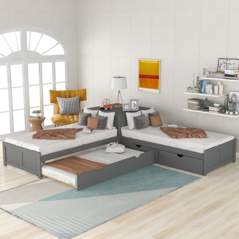 L-Shaped Platform Bed, Grey