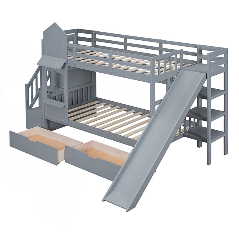 Lit superposé simple au-dessus d'un lit simple de style château avec 2 tiroirs, 3 tablettes et glissoire, Gris