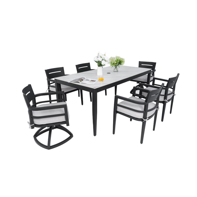 Ensemble de salle à manger d'extérieur moderne 7 pièces, Ember noir / marbre blanc