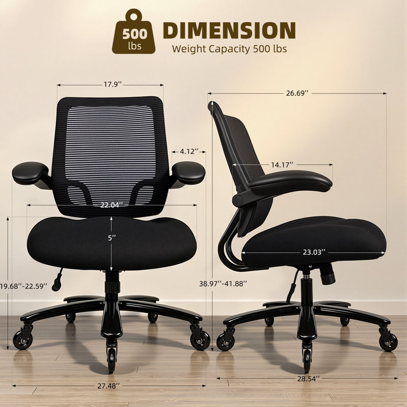 Big and Tall Mesh Office Chair,500LBS  Heavy Duty Adjustable Desk Chair With Flip Up Armrests, Black, Without Headrest