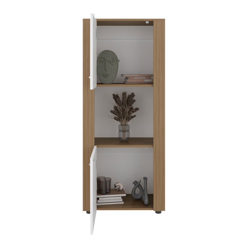 Armoire de rangement verticale en chêne naturel et blanc pour les salles à manger, maximise dans les espaces de vie limités Design moderne avec espaces principaux horizontaux, améliore l'organisation des espaces restreints