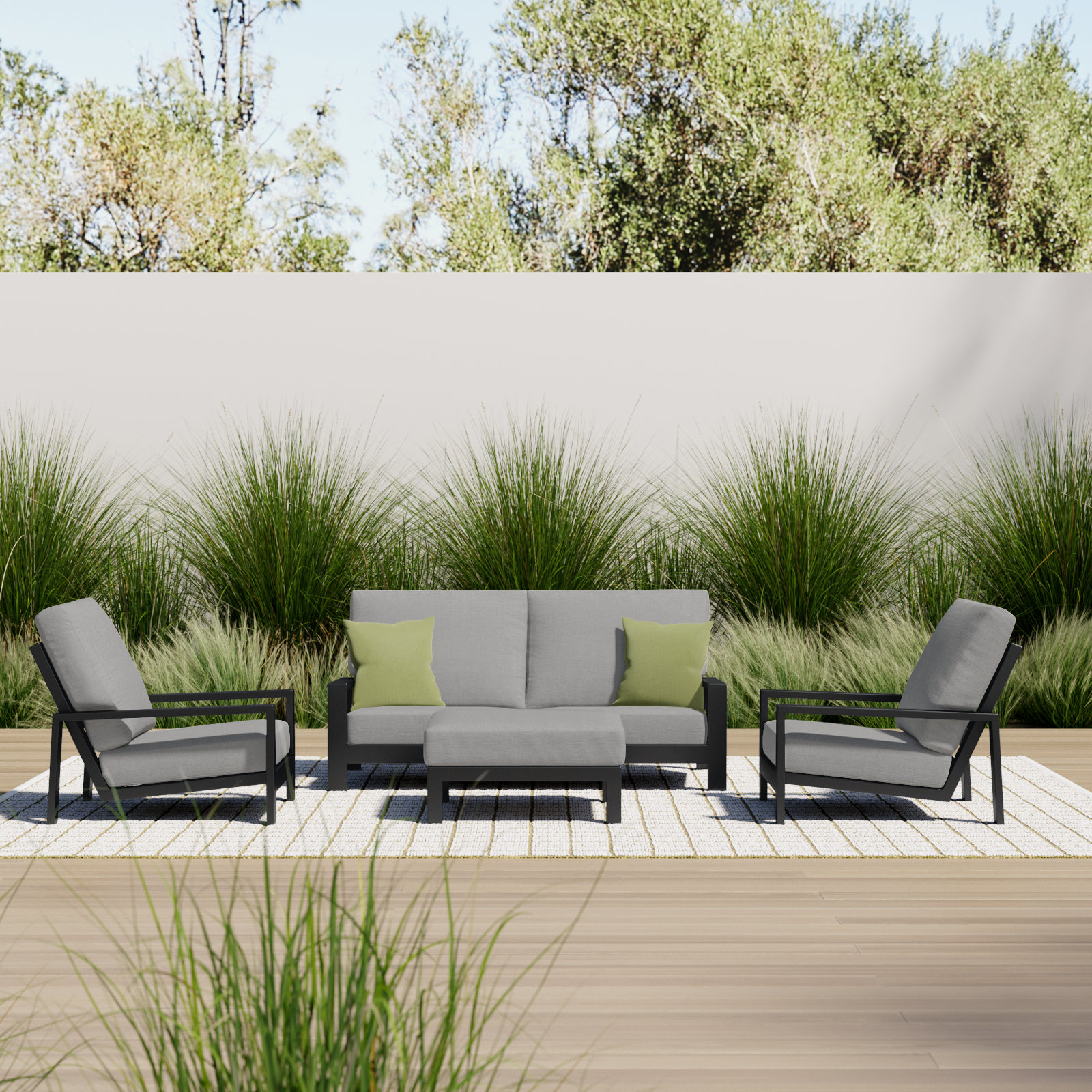 Hoyt 4-Piece Aluminum Lounge Outdoor Modern Conversation Sofa Set with Custom Cover, 	Slate Black