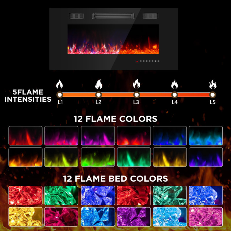 36" Electric Fireplace with 12 Color Flame - Recessed/Wall Mount, Remote Control, 18.11" H x 35.98" W x 4.17" D
