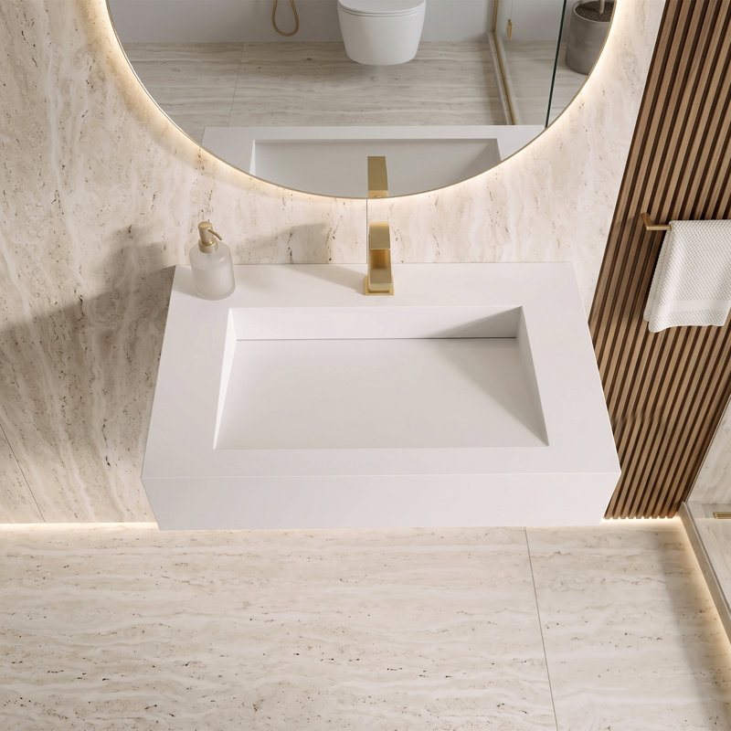 Pyramid 30" Wall-Mounted Modern Bathroom Sink with Ramp Basin - White, With Faucet Hole, White