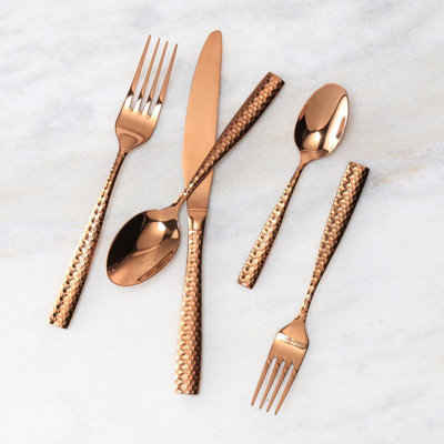 Fortessa Lucca Faceted 18/10 Stainless Steel 20 Piece Flatware Set, Service for 4, Copper Rose