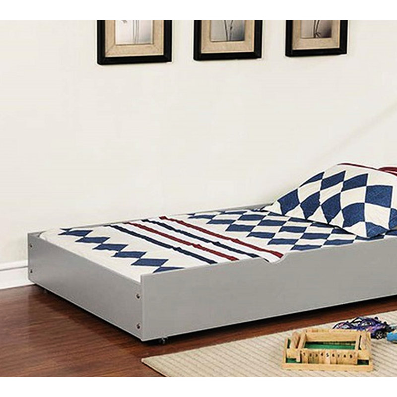 Lit simple superposé au-dessus de style transitionnel gris, attaché, structure à joints verrouillables, lit gigogne, bois massif et placage, 13 pièces Lattes, lit élégant pour chambre à coucher avec personnalisation