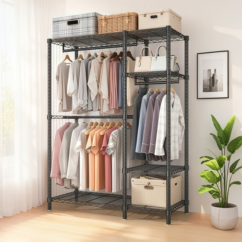Heavy Duty Clothes Rack With 6 Adjustable Shelves And 3 Rails, Freestanding Organizer For Maximum Storage And Versatility, Black