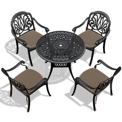Mobilier de patio avec 4 chaises et table - aluminium, coussins de parasol confortables, couleur aluminium noir, résistance à la corrosion, sièges rembourrés de conception ergonomique