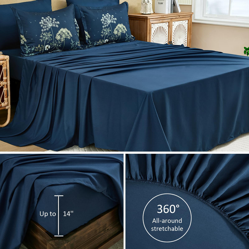 7-Piece Dandelion Floral Comforter Set All-Season Soft Microfiber Bedding Set, Navy Blue