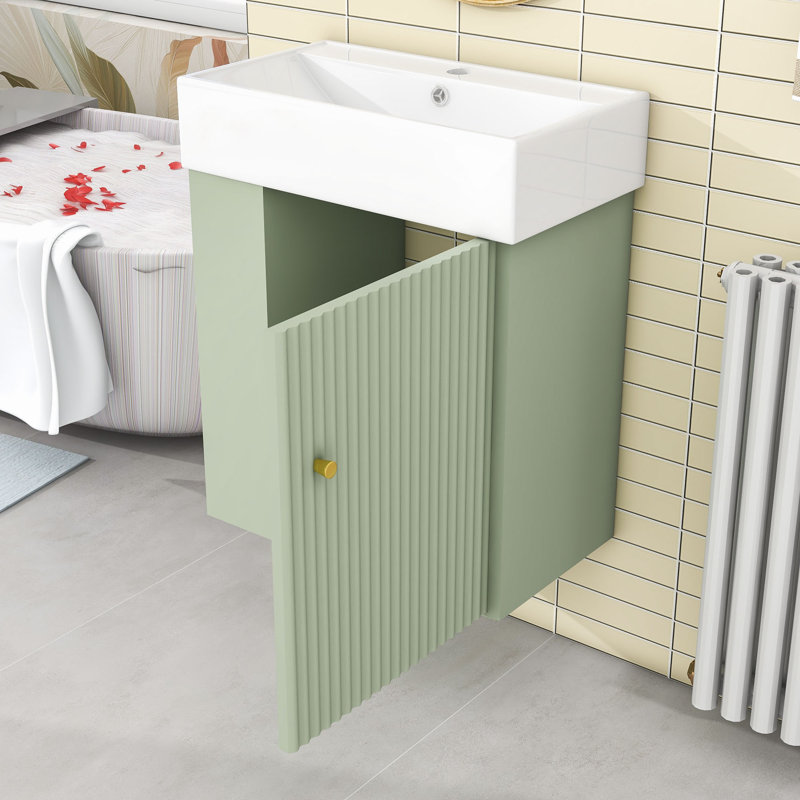 Meuble-lavabo flottant élégant avec porte à motif de vagues, lavabo en céramique et rangement à gauche Crowe, Vert