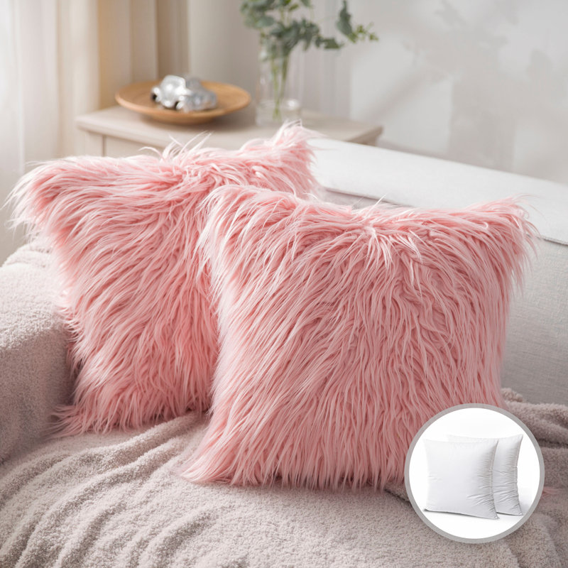 Faux Fur Square Throw Pillow Cover & Insert, Pink, Square 18", Pillow Cover & Insert