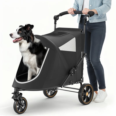 Folding 3 Wheel Pet Stroller, Foldable Dog Jogger Stroller with Adjustable Handlebar and Mesh Window