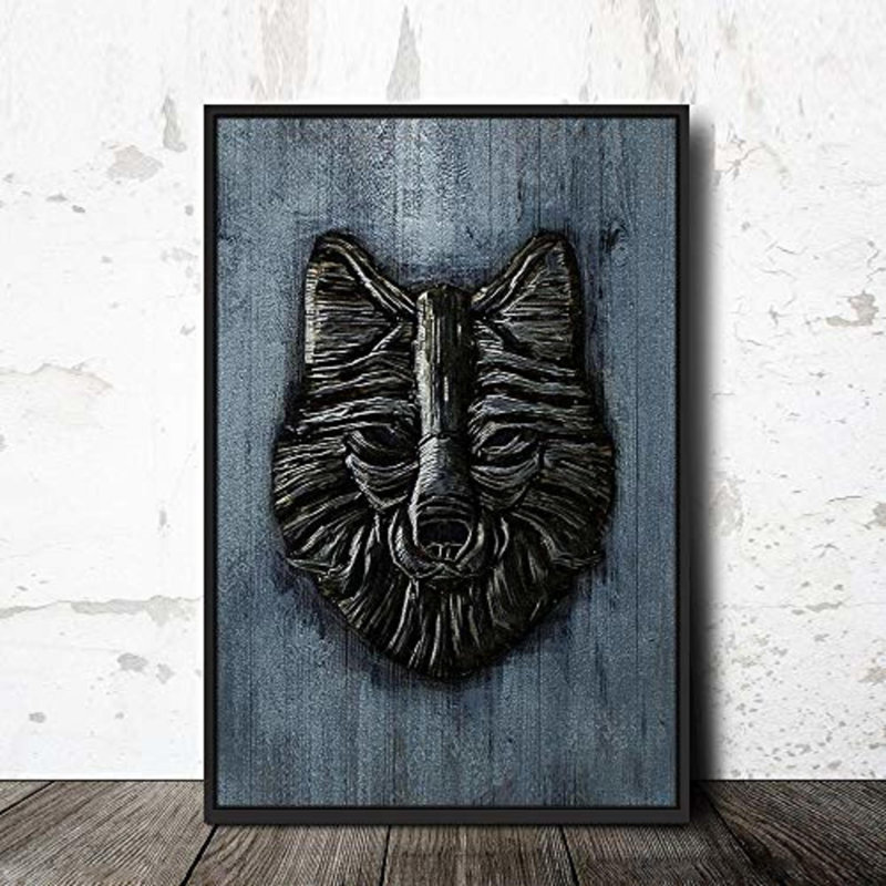 Animals " Black Wolf Head ", Black Framed Canvas, 36" H x 24" W x 1.5" D