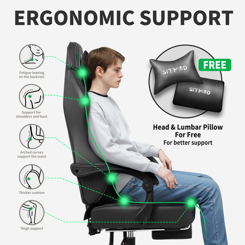 Ebern Designs Ergonomic Gaming Chair with Footrest for Adults-PU Leather PC Computer Gaming Chair, Black