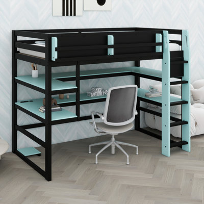 Complete Room Saver: Loft Bed with Integrated Desk, Side Utility Rack, Multi-Level Storage Shelves, and Vibrant RGB Lighting Effects