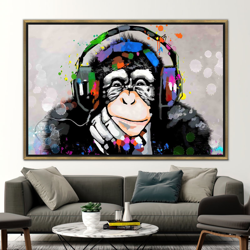 Art mural singe pensant, art de singe dj, art sur toile singe mélomane, décoration murale singe abstrait, œuvre d'art singe tendance,