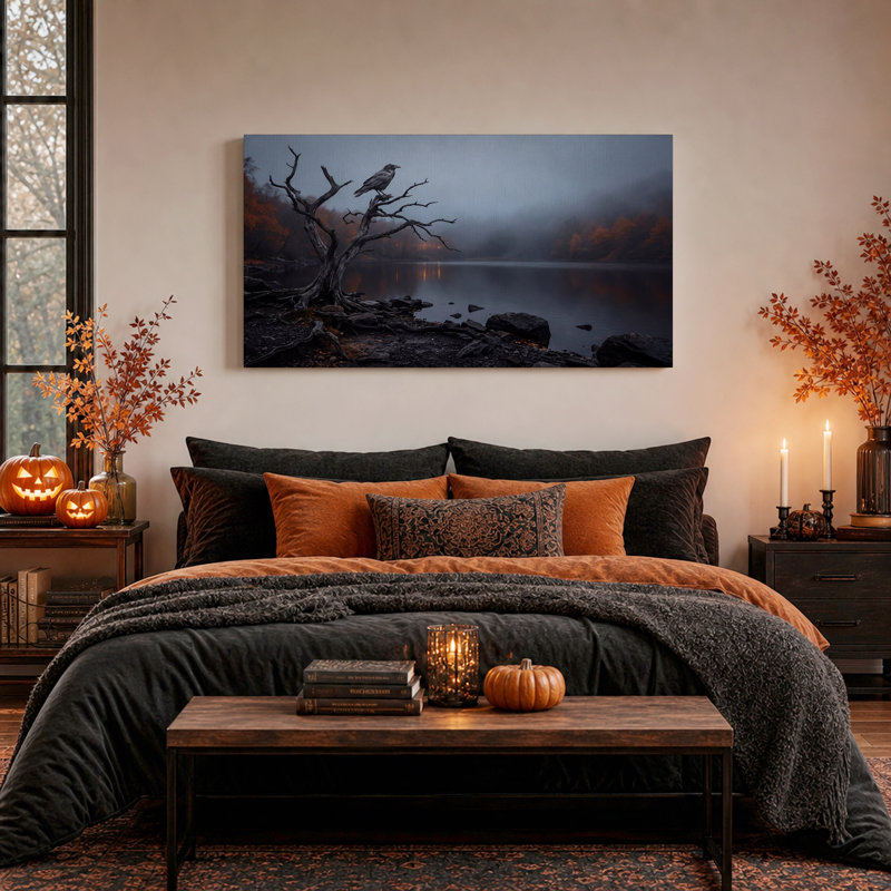Tableau sur toile représentant un corbeau perché sur une branche noueuse près d'un lac brumeux, idéal pour l'Halloween