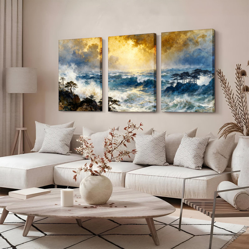 Tableau sur toile tendue représentant des vagues de l'océan et un coucher de soleil (lot de 3), H 36 po x l 72 po