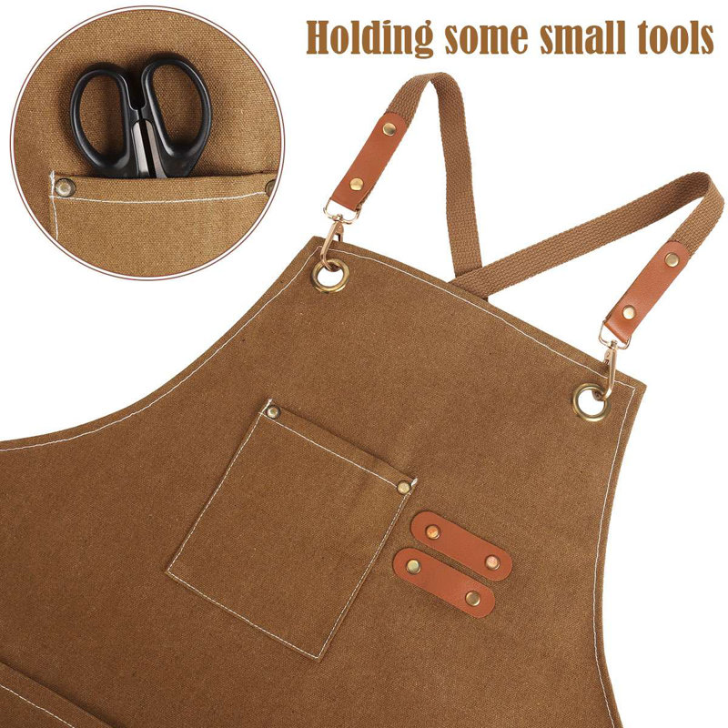 Canvas Cross Back Chef Aprons with Large Pockets, Brown