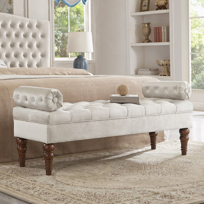 Banc en velours pour lit pour la chambre à coucher, banc de fenêtre rembourré avec bouton capitonné, banc de vestibule, banc à traversin pour le salon - champagne
