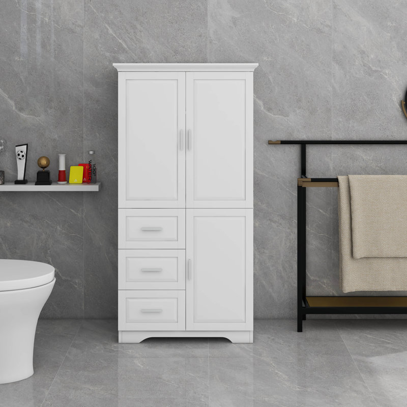 Tall And Wide Storage Cabinet With Doors, Three Drawers, White