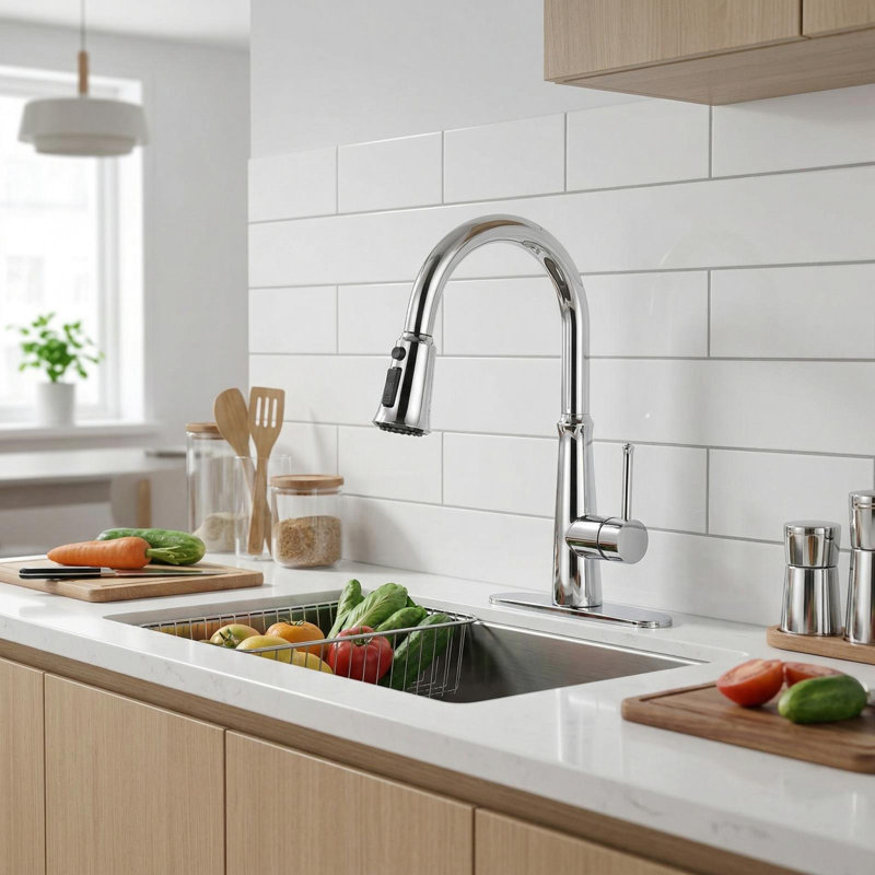Robinet de cuisine à poignée simple en acier inoxydable avec douchette 3 modes, Chrome