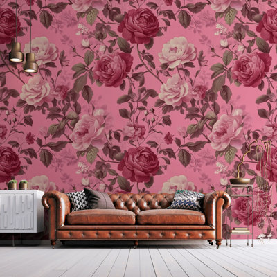 Papier peint amovible floral romantique sur fond rose romantique