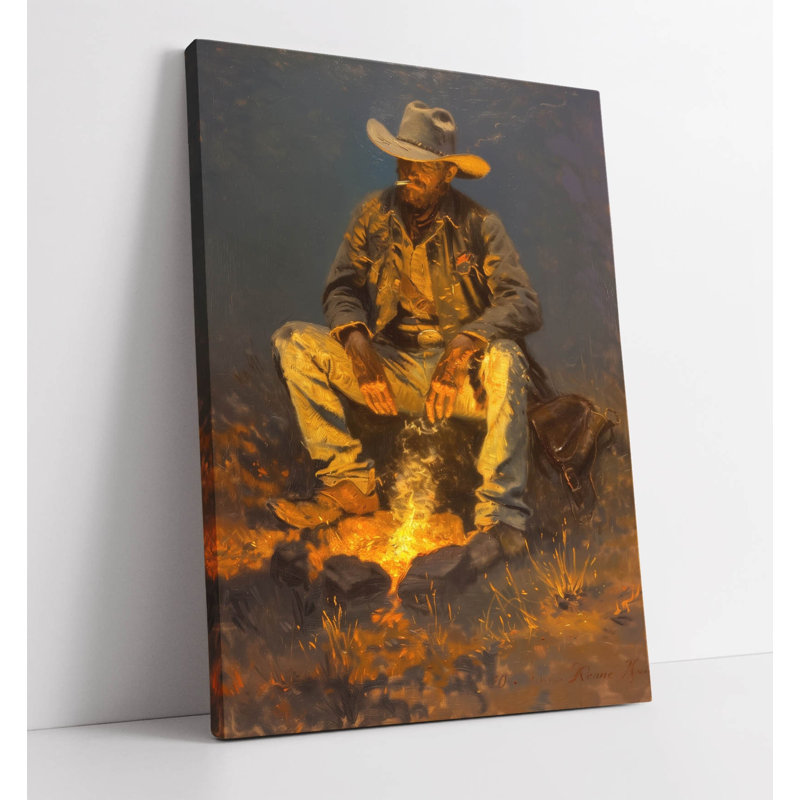 Cowboy Smoking Cigarette by Glowing Fire Night Scene Canvas Wall Art Print Picture | Western Country Artwork